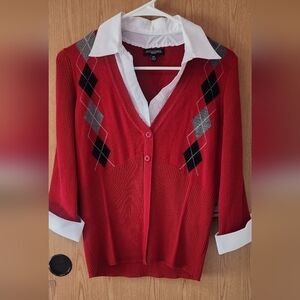 Notations Red and Black Argyle Cardigan